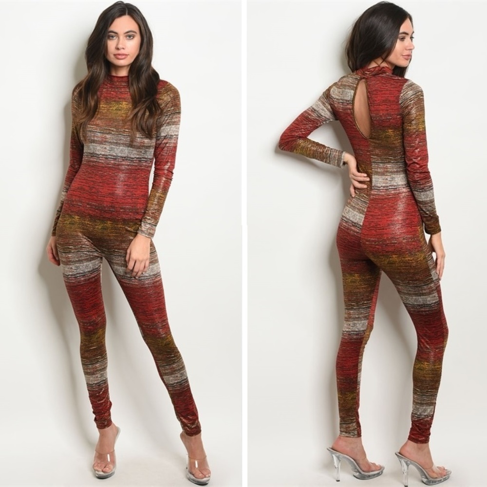 Rustic Shiny Bodycon Catsuit Jumpsuit | Red & Gold